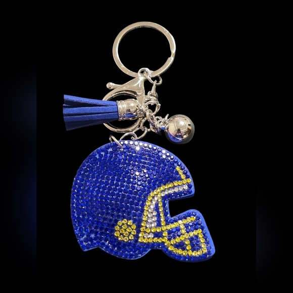 charmed by slg Accessories - Blue and Yellow Rhinestone Football Helmet Bag Charm Keychain
